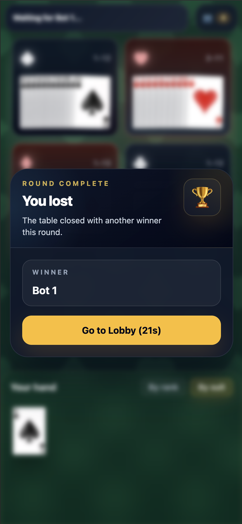 Completed game overlay in Sevens Royale
