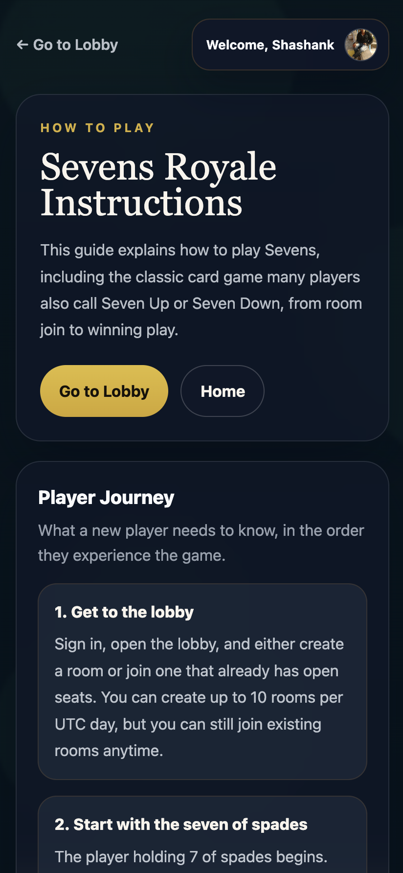 Sevens Royale instructions screen
