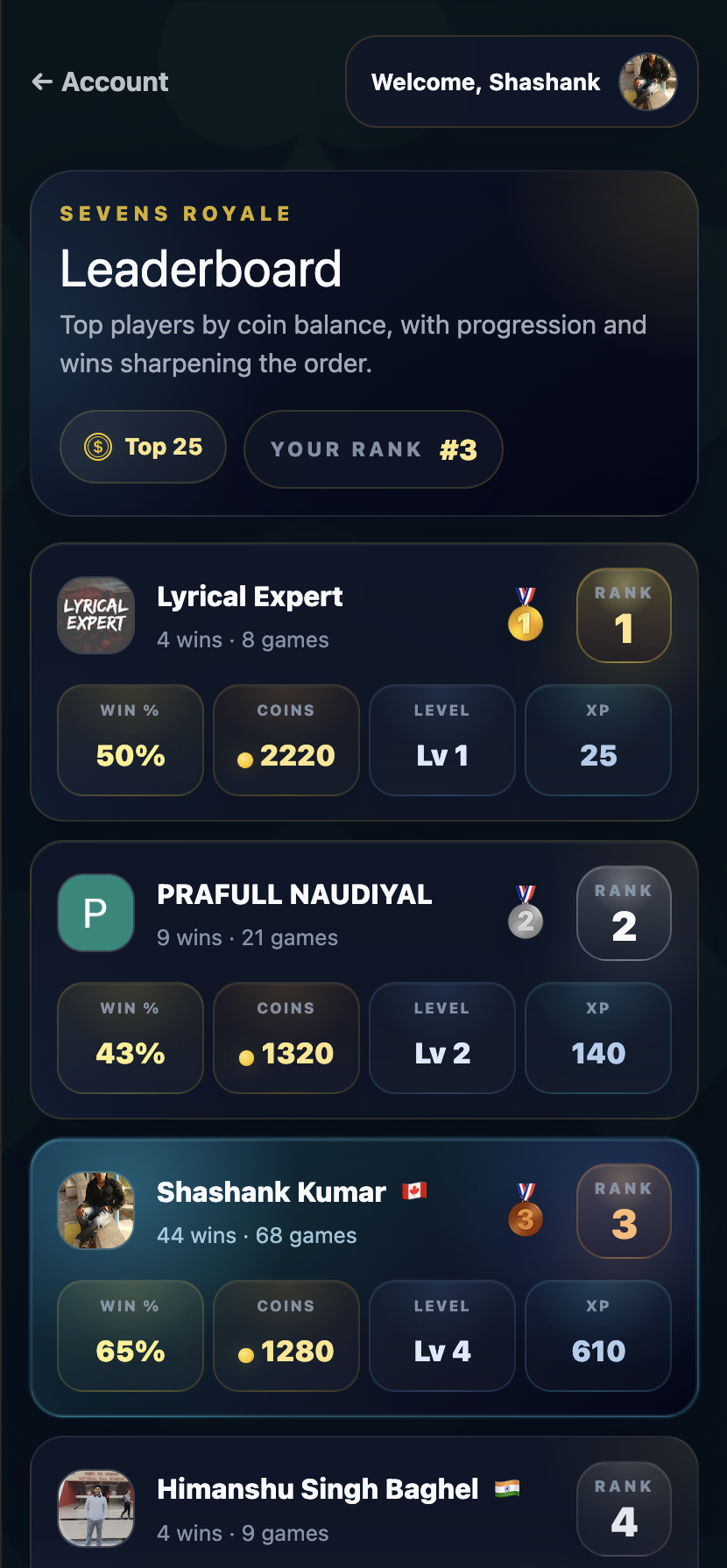Leaderboard page in Sevens Royale